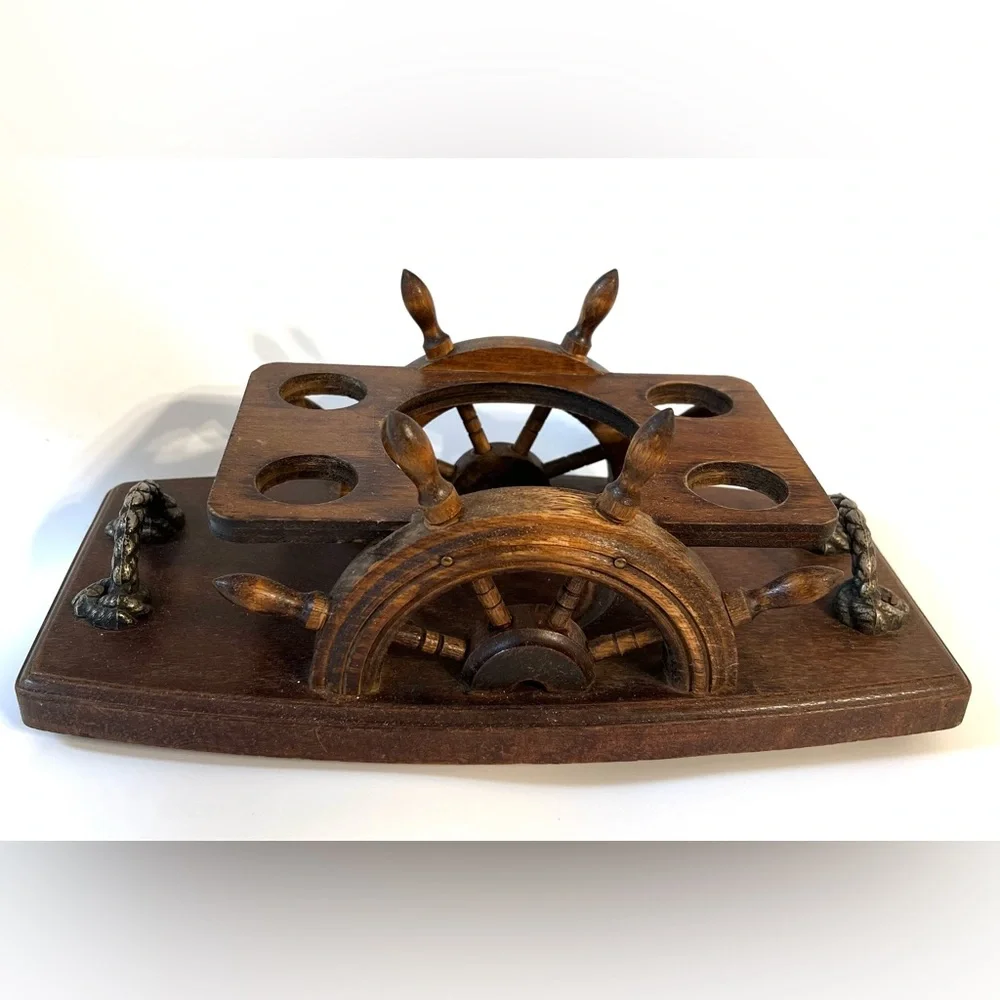 VTG Wooden Stand Ship's Wheel Serving Bar Tray for Bottle & Shot Glasses Handles